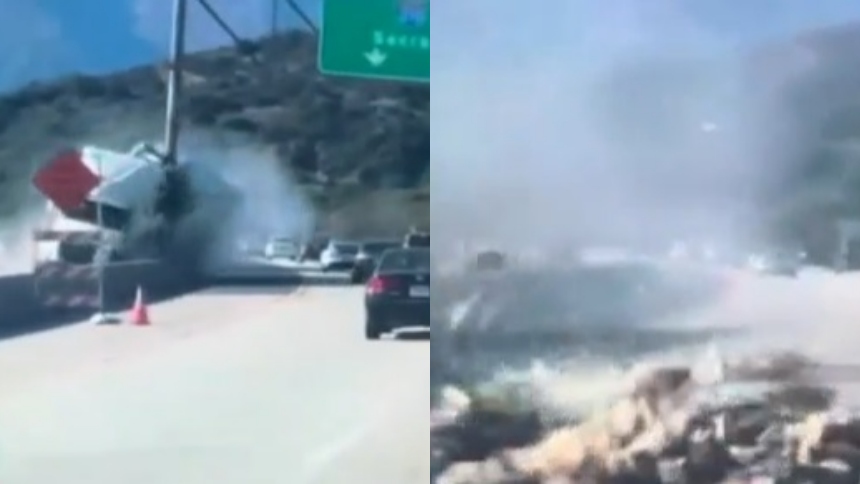 Un dramático video captó el momento cuando un camión, que transportaba pasas, chocó contra un divisor central en la autopista 2 en La Cañada Flintridge. 